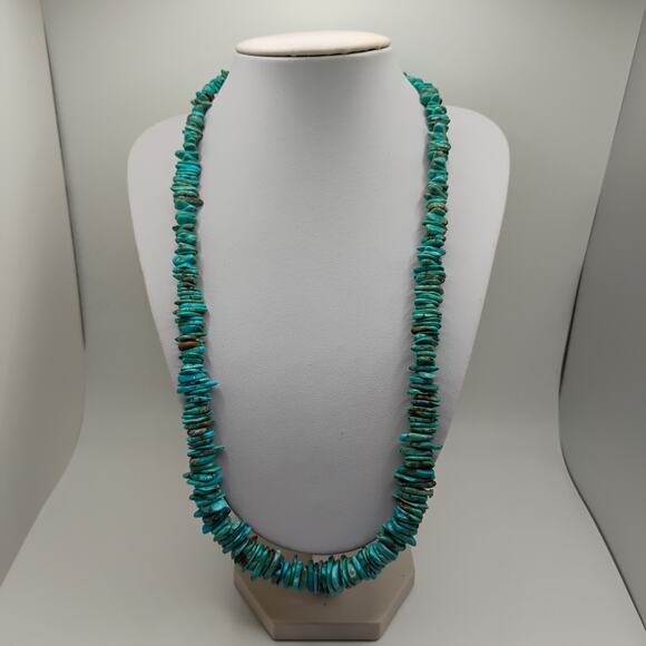 Turquoise Chip Necklace in Graduated Sizes with Sterling Clasps- 24 inches - Picture 1 of 5